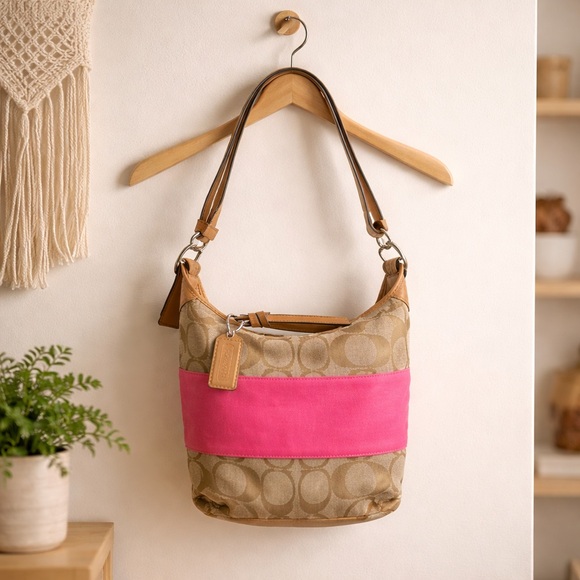 Coach Handbags - COACH pink brown signature buckle bucket shoulder bag F13862 EUC